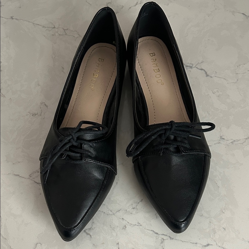 BAMBOO Black Pointed Toe Lace-Up Flats